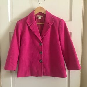 COLDWATER CREEK Button Front Tweed Blazer Jacket hot Barbie pink 3/4 sleeve SZ 8